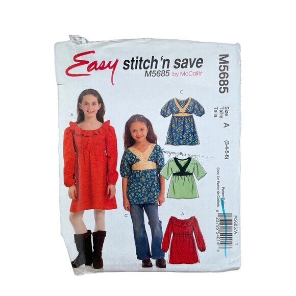 McCalls Sewing Pattern M5685 Top Dresses Girls Size 3-6 - Picture 1 of 2